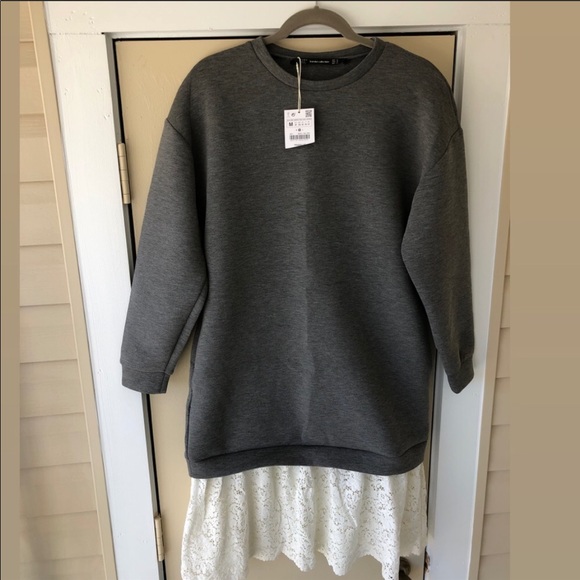 Zara | Dresses | Zara Drop Waist Sweatshirt Dress With Lace Trim | Poshmark